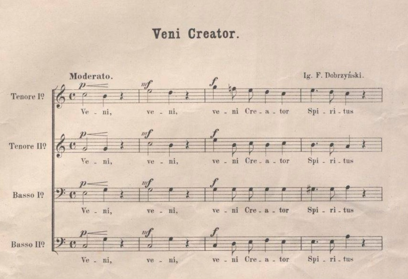 Początkowy fragment partytury Veni Creator I. F. Dobrzyńskiego