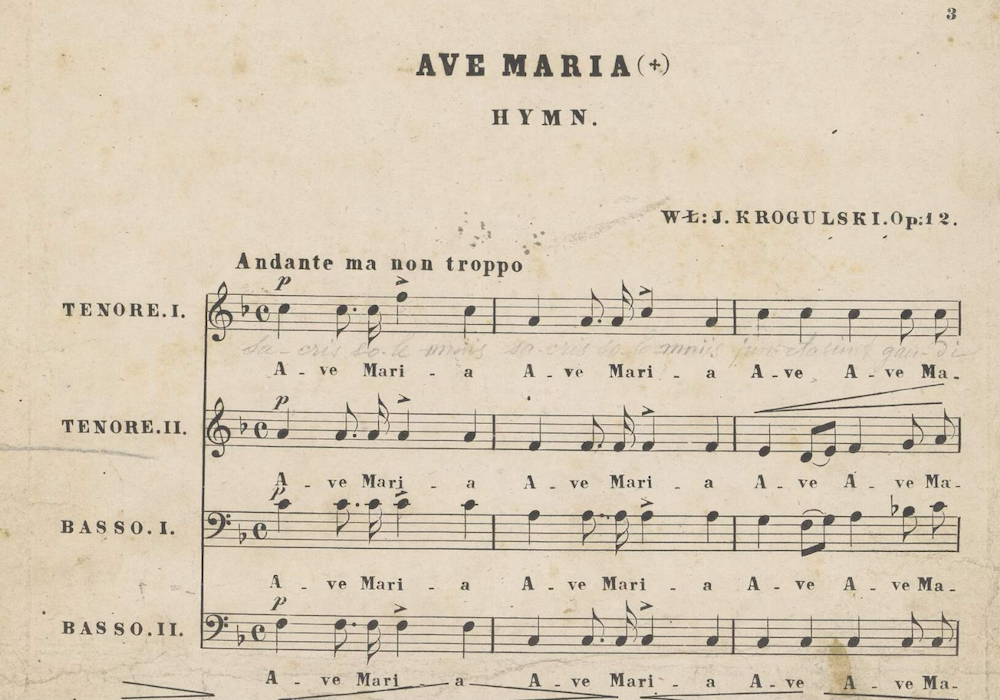 Początkowy fragment parytury Hymnu Ave Maria op. 12, Wł. J. Krogulskiego