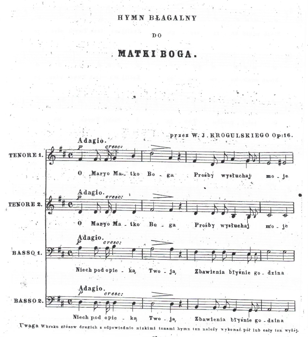 Początkowy fragment parytury Hymnu błagalnego do Matki Boga W. J. Krogulskiego